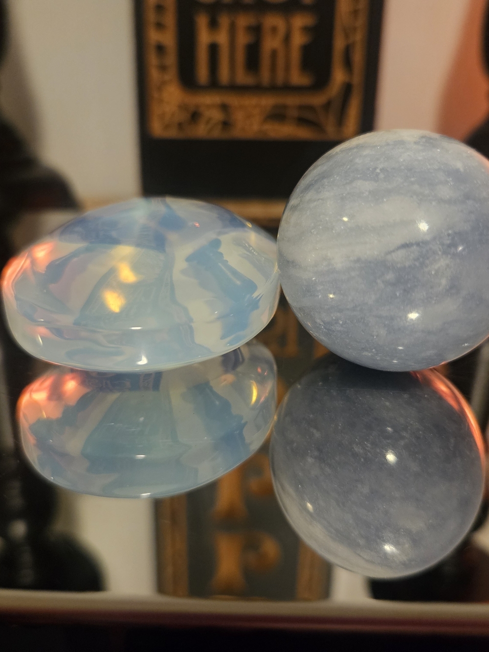 Decorative Blue Calcite Egg Sphere and Opalite Palm Stone Set Home Accents